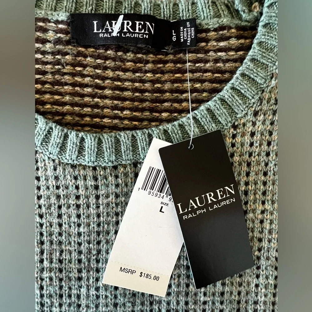Lauren Ralph Lauren Multi Faux-Leather-Trim Wool-Blend Sweater Size L NWT 185$ - Picture 4 of 7